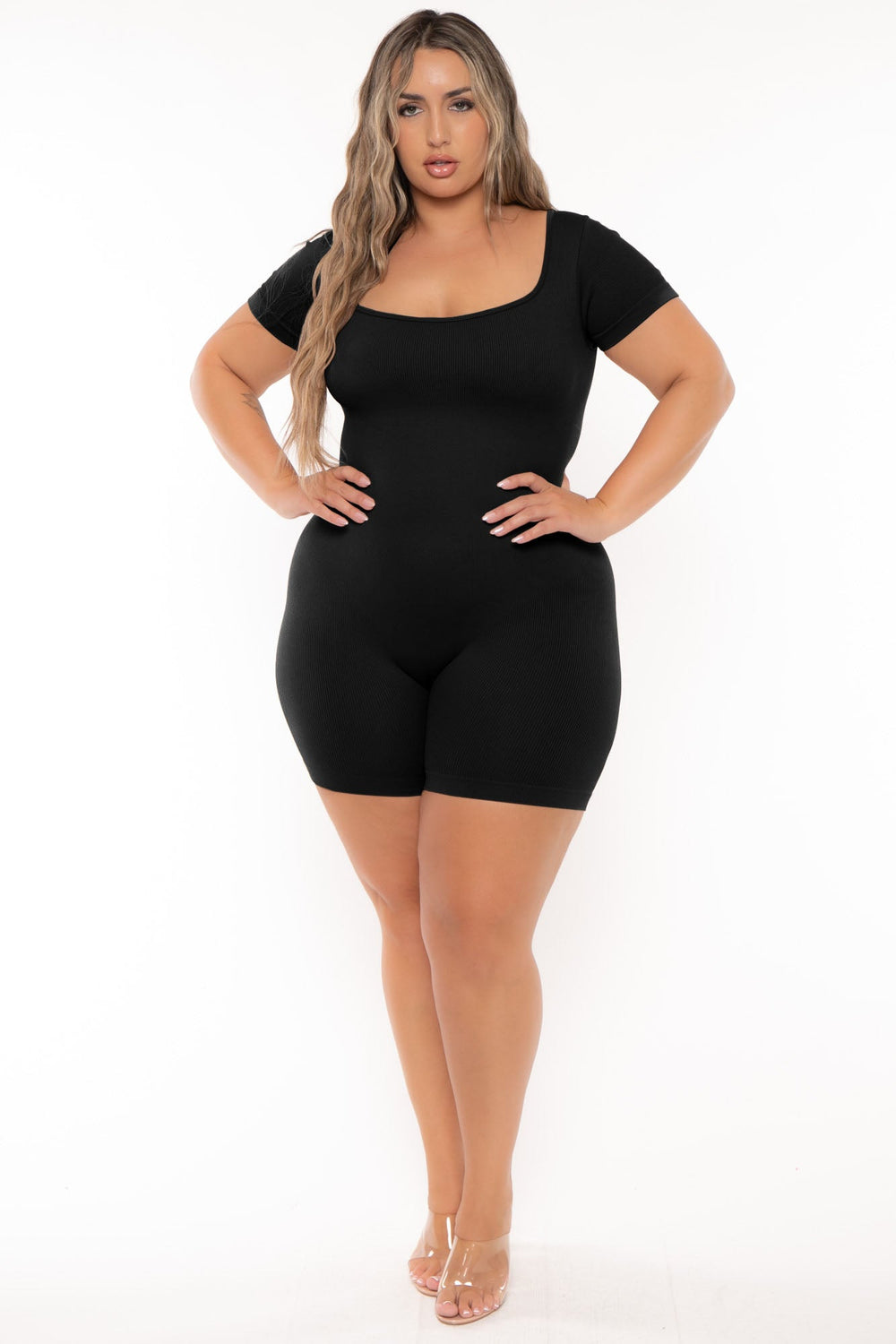 XIAMEN HEXIN INTERNATIONAL Jumpsuits and Rompers Plus Size  Snatched Romper -Black