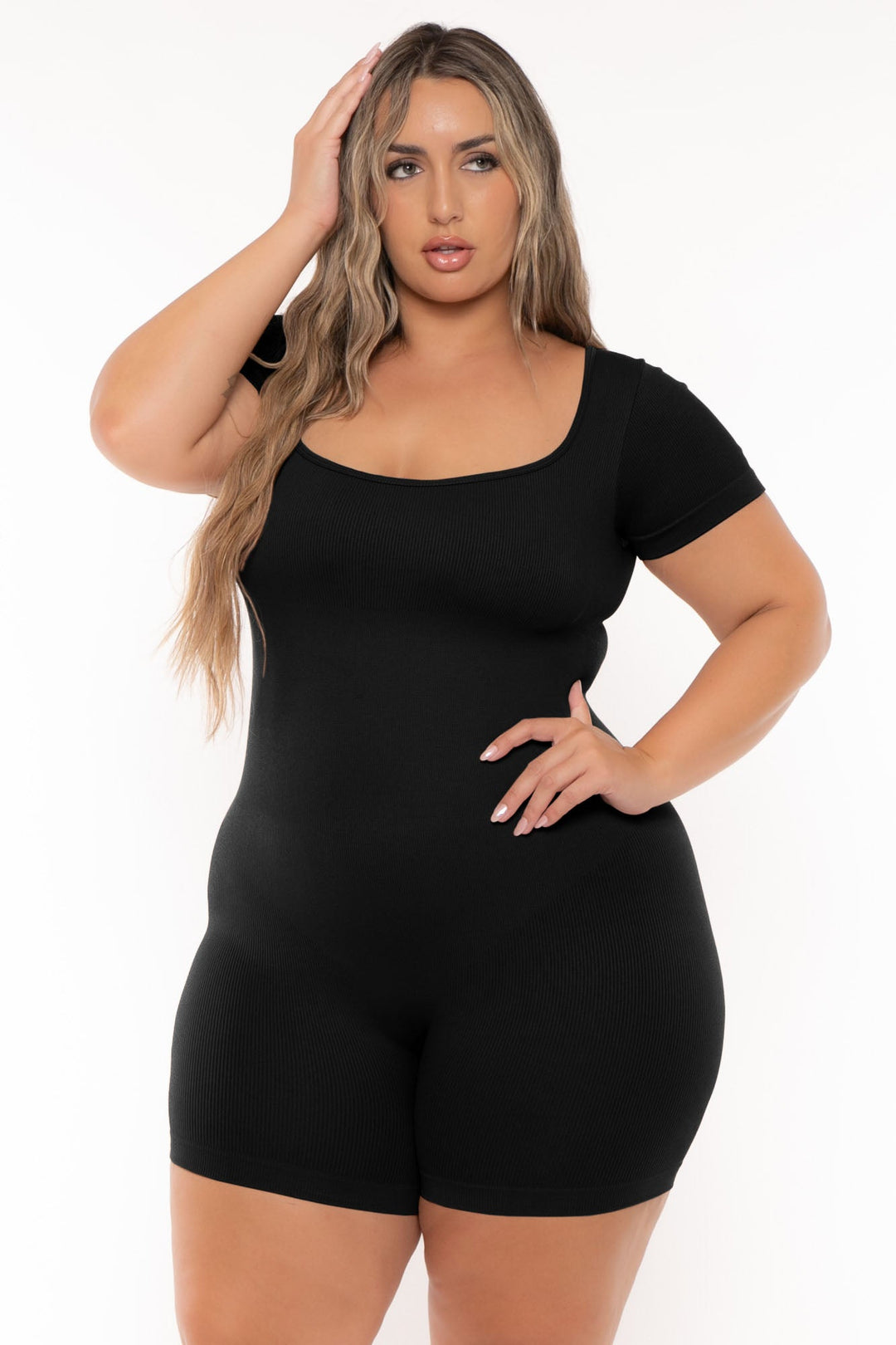 XIAMEN HEXIN INTERNATIONAL Jumpsuits and Rompers Plus Size  Snatched Romper -Black