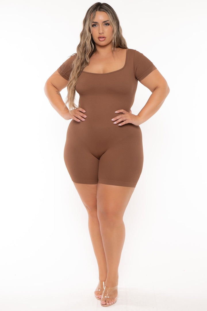 XIAMEN HEXIN INTERNATIONAL Jumpsuits and Rompers Plus Size  Snatched Romper - Brown