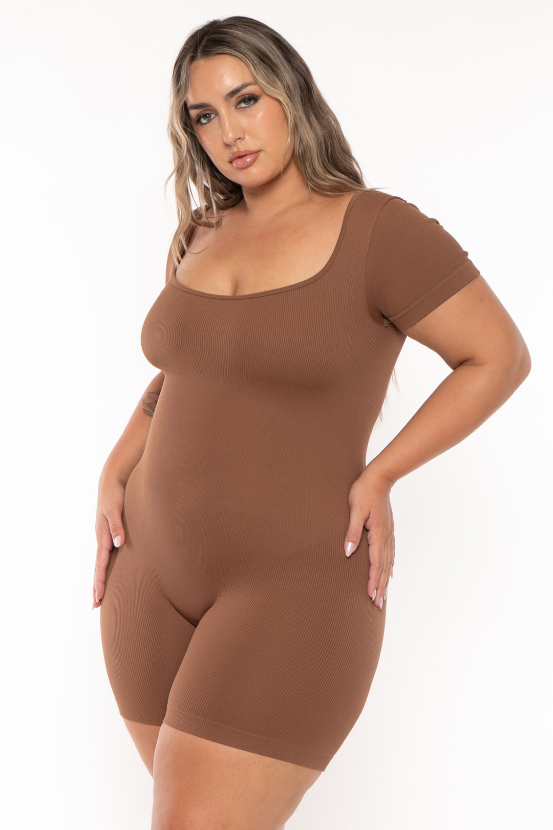 XIAMEN HEXIN INTERNATIONAL Jumpsuits and Rompers Plus Size  Snatched Romper - Brown