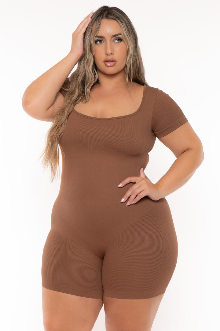 XIAMEN HEXIN INTERNATIONAL Jumpsuits and Rompers Plus Size  Snatched Romper - Brown