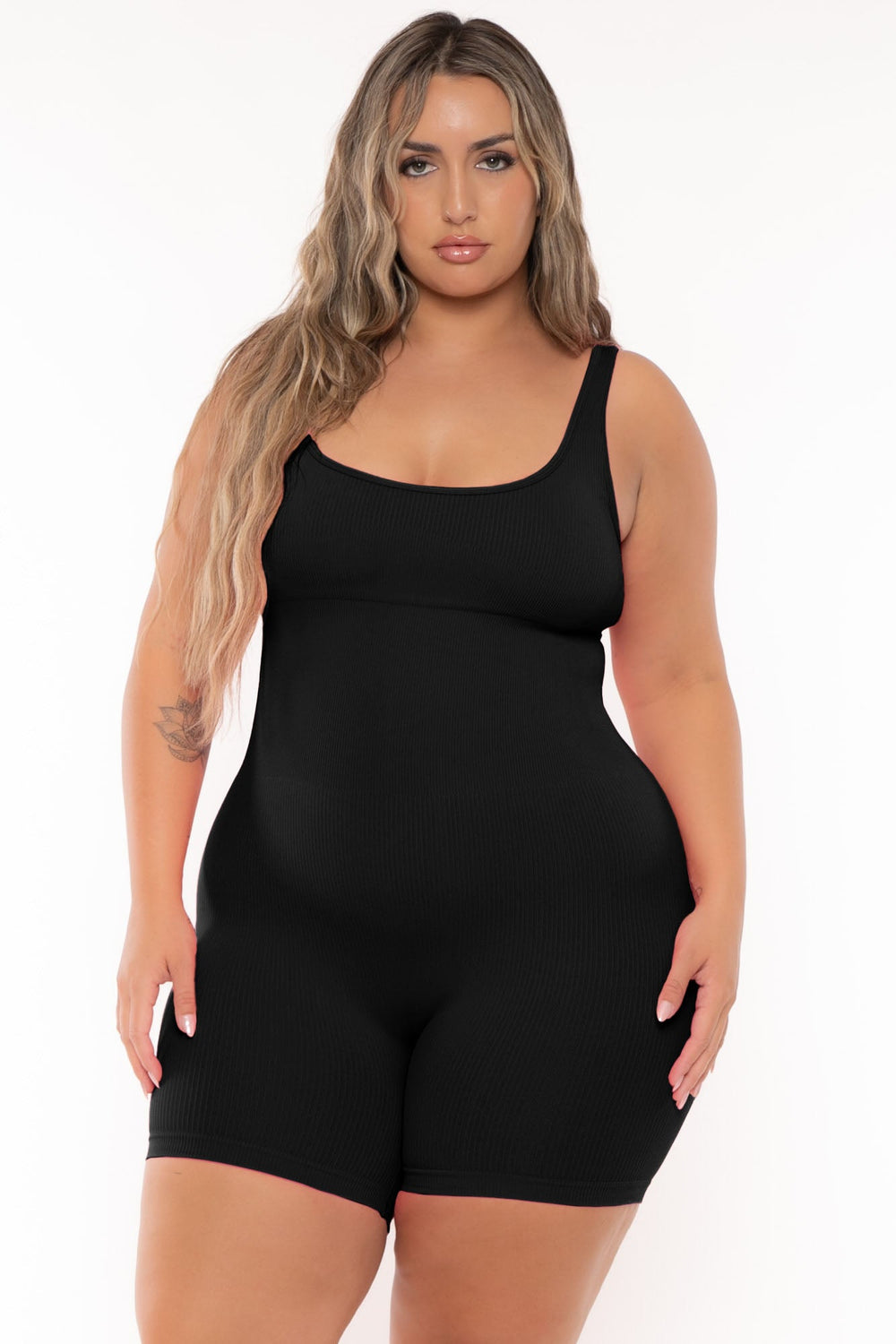 XIAMEN HEXIN INTERNATIONAL Jumpsuits and Rompers Plus Size  Snatched Tank Romper -Black