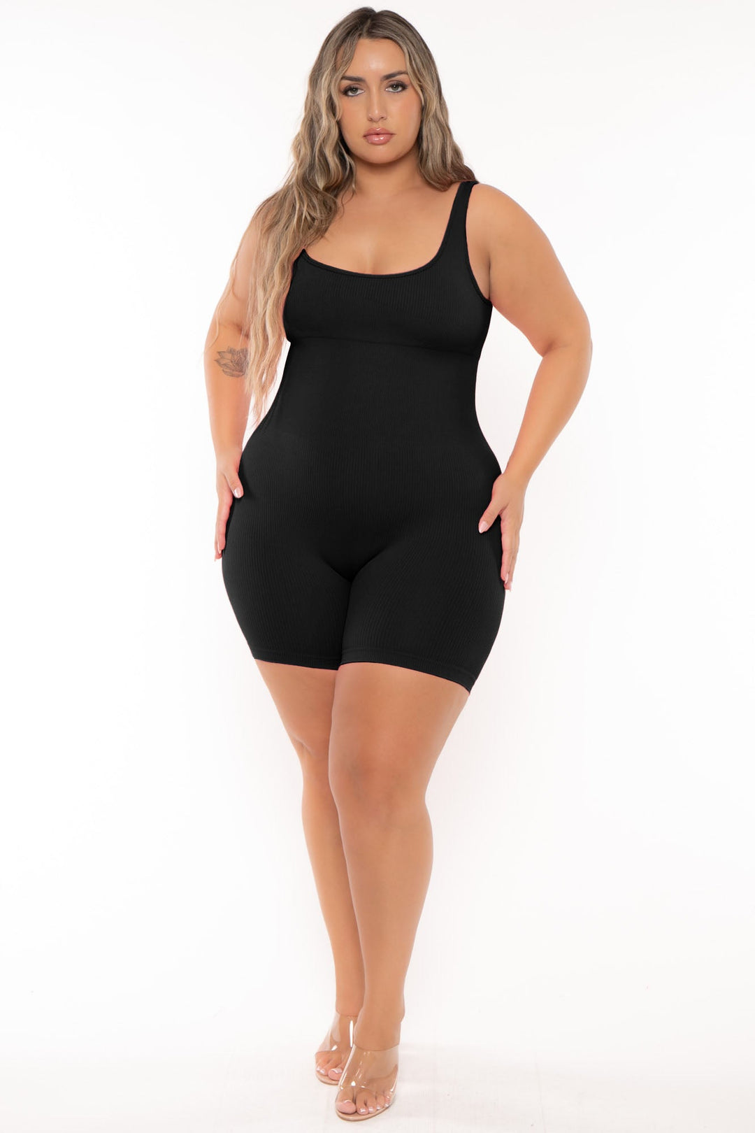 XIAMEN HEXIN INTERNATIONAL Jumpsuits and Rompers Plus Size  Snatched Tank Romper -Black