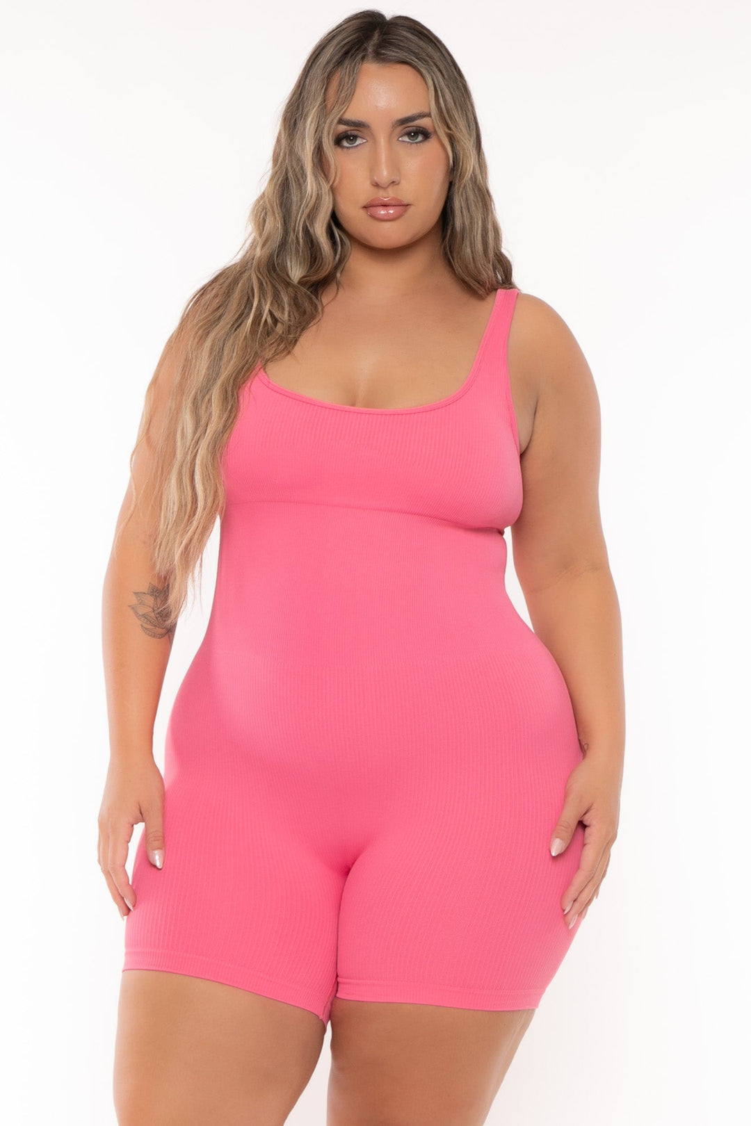 XIAMEN HEXIN INTERNATIONAL Jumpsuits and Rompers Plus Size  Snatched Tank Romper -Pink