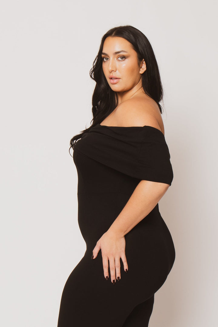 Curvy Sense Jumpsuits and Rompers Plus Size Sophia Off Shoulder Jumpsuit - Black