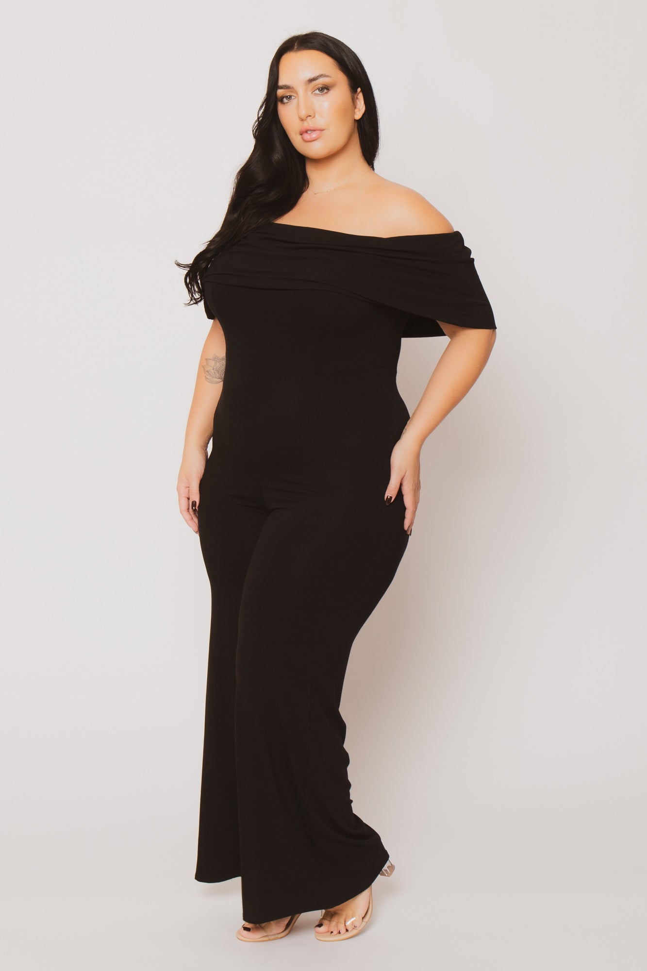 Women's Plus Size Sophia Off Shoulder Jumpsuit - Black - Curvy Sense