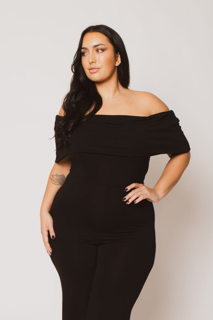 Curvy Sense Jumpsuits and Rompers Plus Size Sophia Off Shoulder Jumpsuit - Black