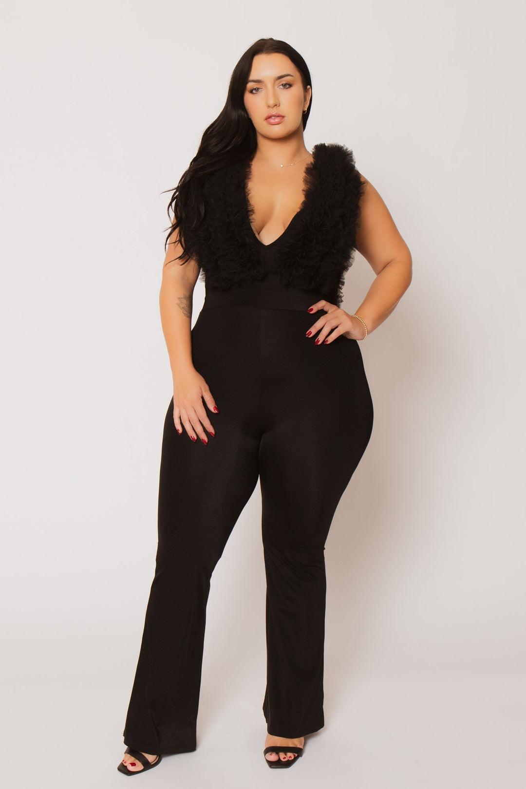 Women's Plus Size Statement Ruffle Jumpsuit Black Curvy Sense
