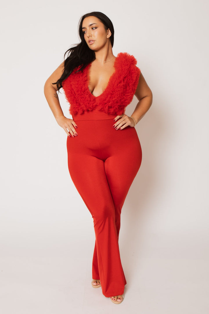 K TOO Jumpsuits and Rompers Plus Size Statement Ruffle Jumpsuit - Red