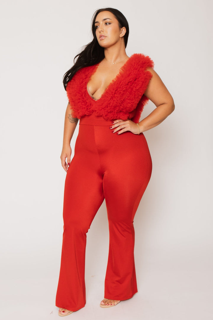 K TOO Jumpsuits and Rompers Plus Size Statement Ruffle Jumpsuit - Red