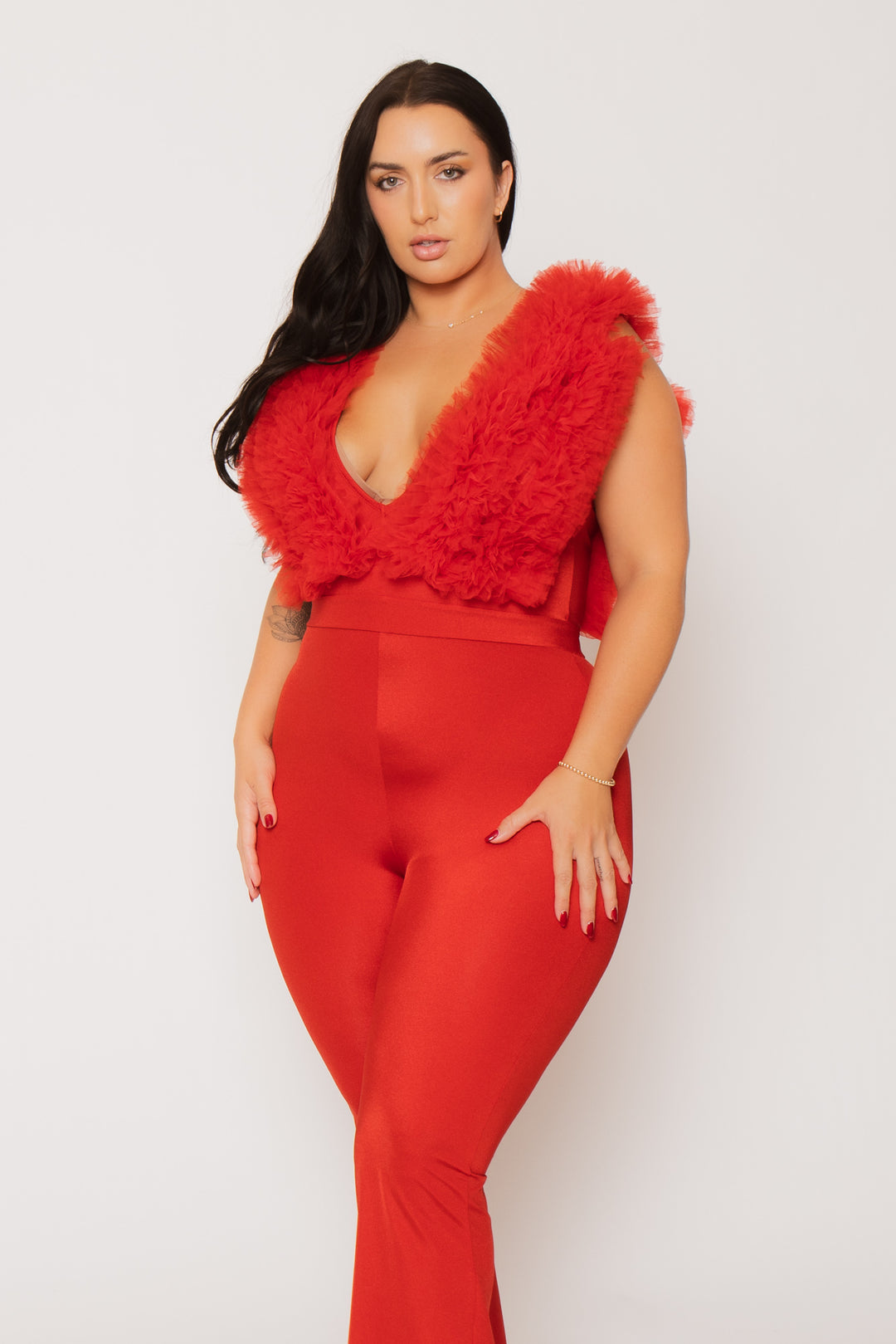 K TOO Jumpsuits and Rompers Plus Size Statement Ruffle Jumpsuit - Red