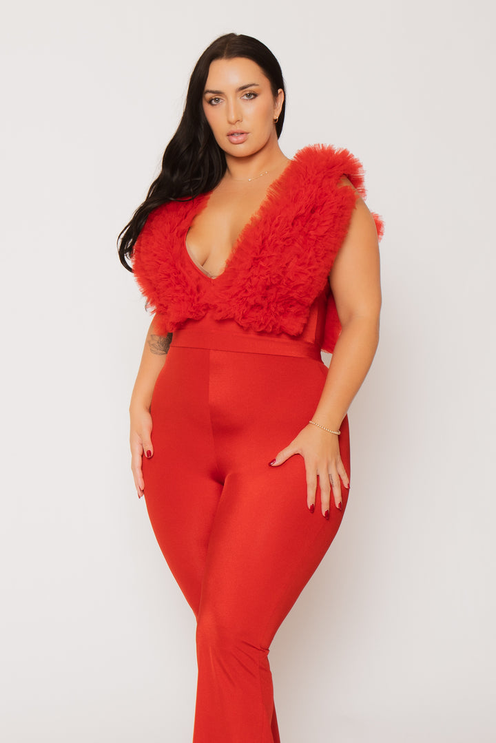 K TOO Jumpsuits and Rompers Plus Size Statement Ruffle Jumpsuit - Red