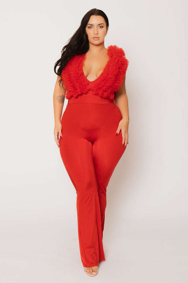 K TOO Jumpsuits and Rompers Plus Size Statement Ruffle Jumpsuit - Red