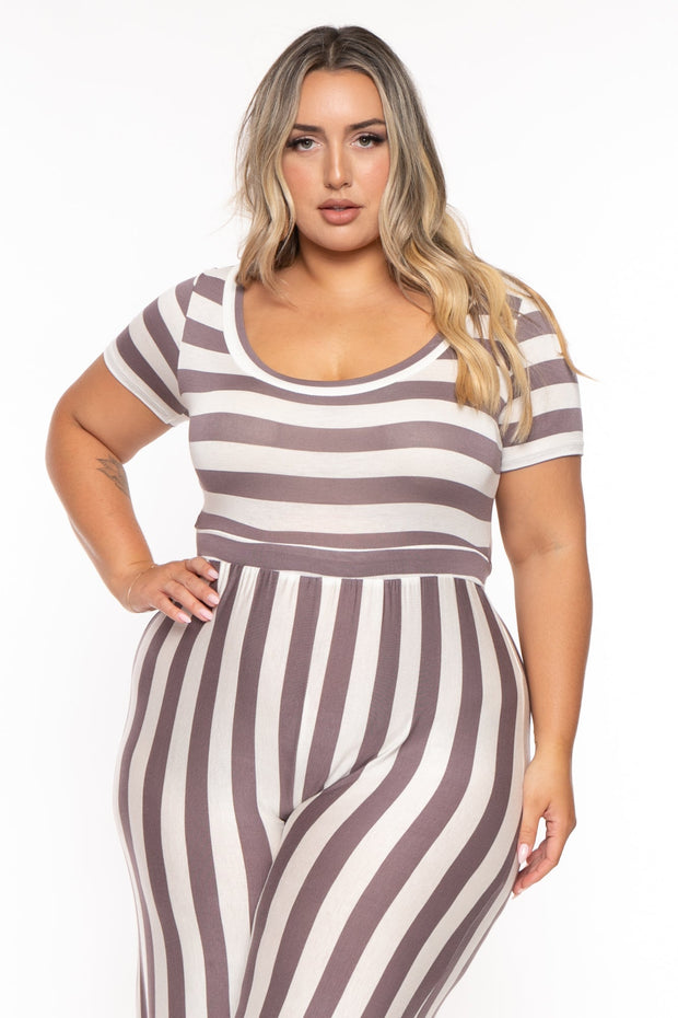 Veveret Jumpsuits and Rompers Plus Size Striped Flared Leg  Jumpsuit - Grey