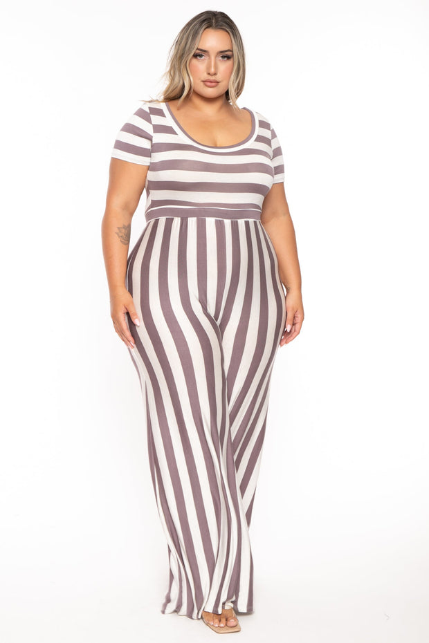 Veveret Jumpsuits and Rompers 1X / Grey Plus Size Striped Flared Leg  Jumpsuit - Grey