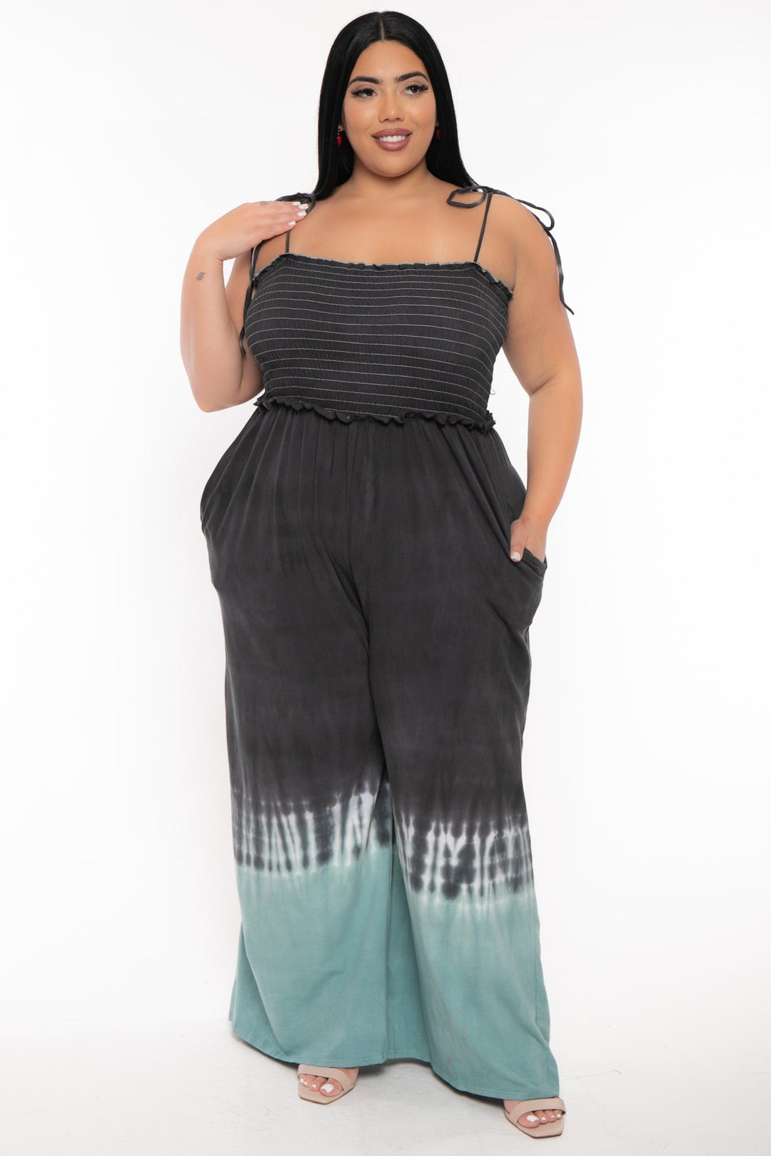 Jade By Jane Jumpsuits and Rompers Plus Size Tie Dye Smocked  Jumpsuit  -Charcoal