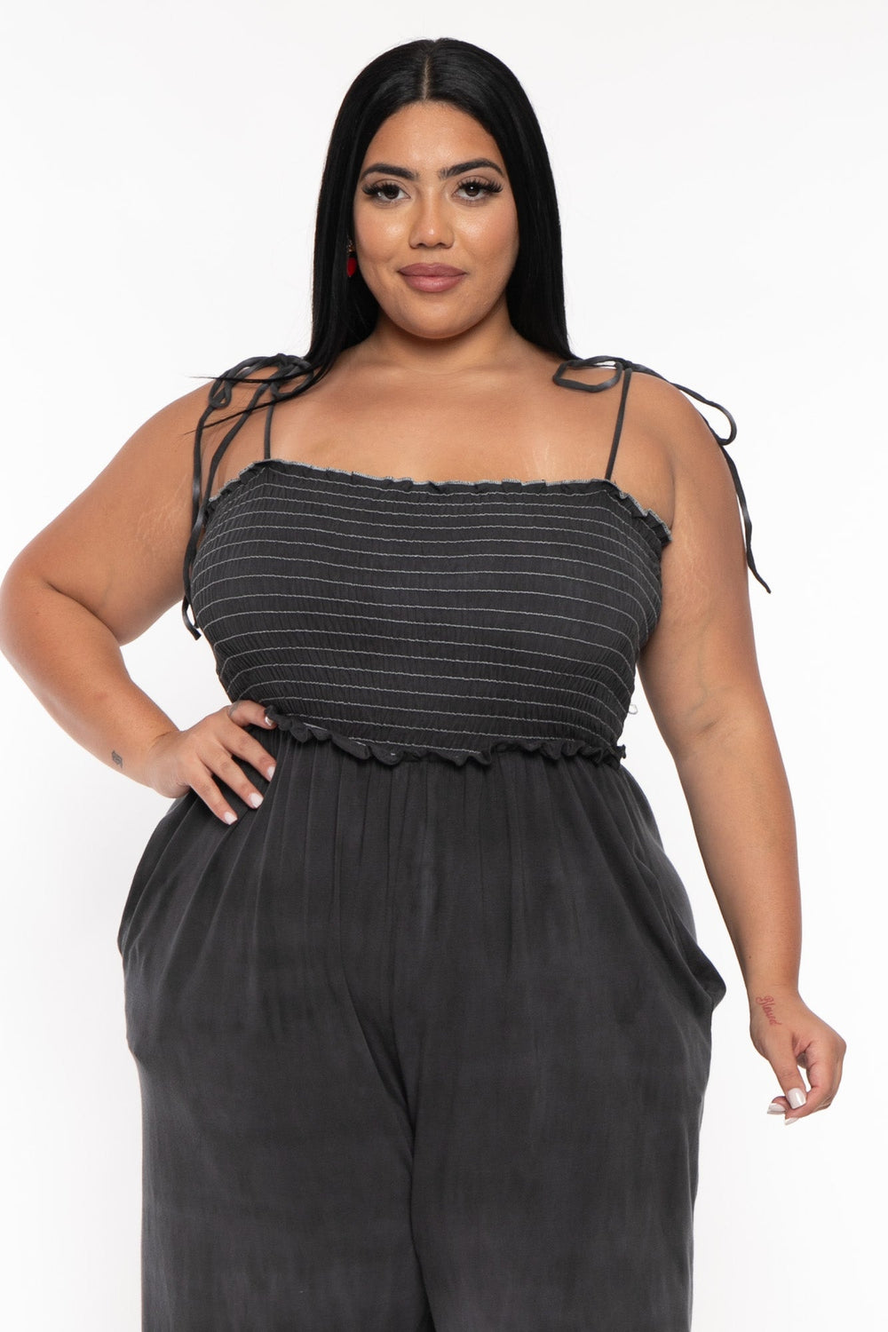 Jade By Jane Jumpsuits and Rompers Plus Size Tie Dye Smocked  Jumpsuit  -Charcoal