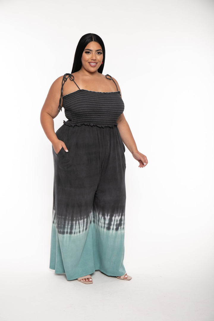 Jade By Jane Jumpsuits and Rompers Plus Size Tie Dye Smocked  Jumpsuit  -Charcoal