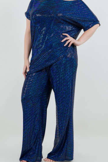 The Curve LA Jumpsuits and Rompers Plus Size Trance Knit Short Sleeve Top And Pant Set - Blue