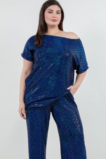 The Curve LA Jumpsuits and Rompers Plus Size Trance Knit Short Sleeve Top And Pant Set - Blue