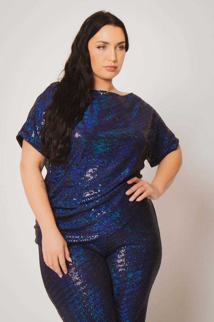 The Curve LA Jumpsuits and Rompers Plus Size Trance Knit Short Sleeve Top And Pant Set - Blue