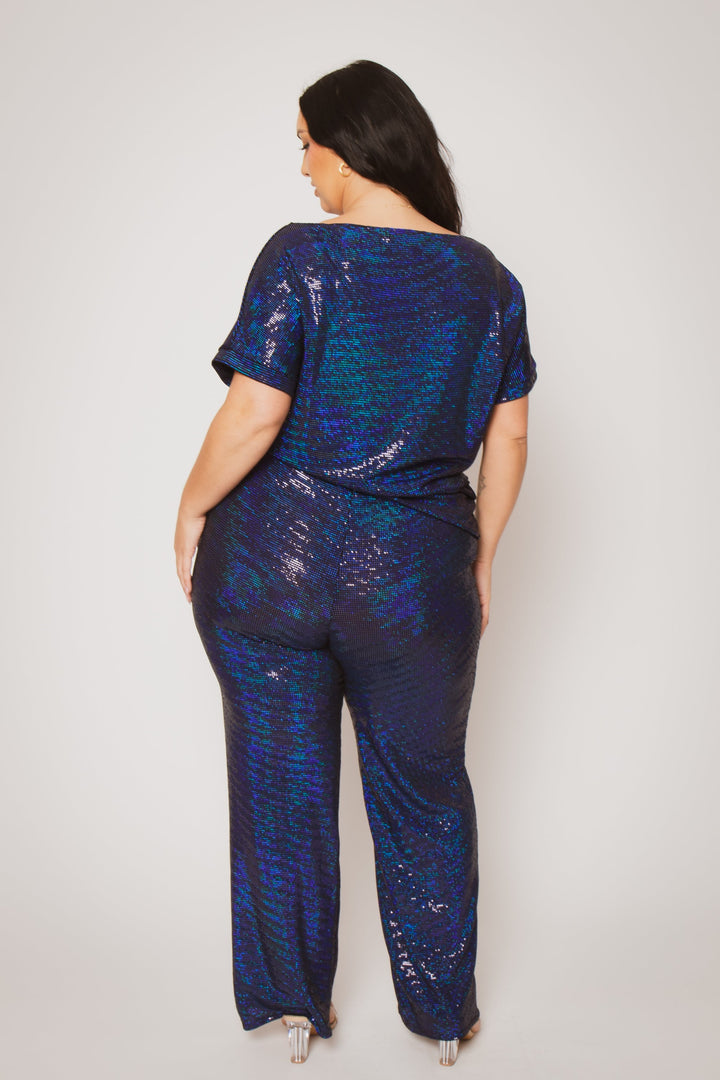 The Curve LA Jumpsuits and Rompers Plus Size Trance Knit Short Sleeve Top And Pant Set - Blue
