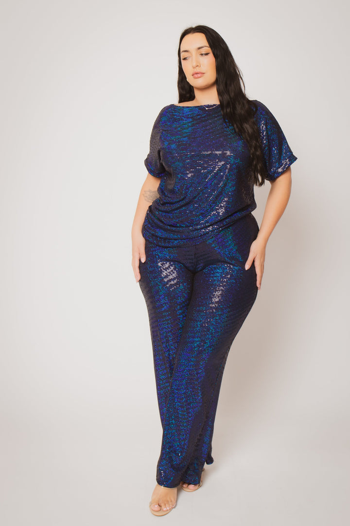 The Curve LA Jumpsuits and Rompers Plus Size Trance Knit Short Sleeve Top And Pant Set - Blue