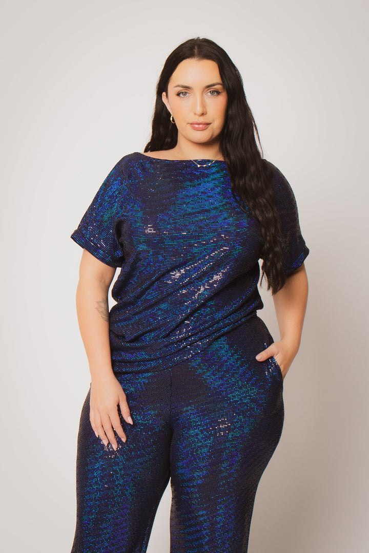 The Curve LA Jumpsuits and Rompers Plus Size Trance Knit Short Sleeve Top And Pant Set - Blue