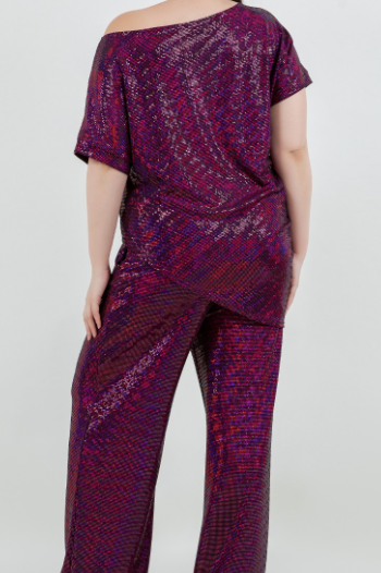 The Curve LA Jumpsuits and Rompers Plus Size Trance Knit Short Sleeve Top And Pant Set - Fuchsia