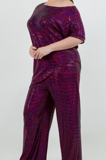 The Curve LA Jumpsuits and Rompers Plus Size Trance Knit Short Sleeve Top And Pant Set - Fuchsia