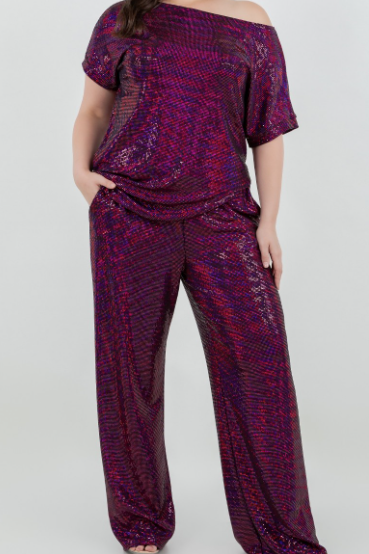 The Curve LA Jumpsuits and Rompers Plus Size Trance Knit Short Sleeve Top And Pant Set - Fuchsia