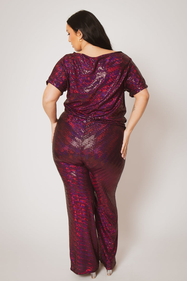The Curve LA Jumpsuits and Rompers Plus Size Trance Knit Short Sleeve Top And Pant Set - Fuchsia