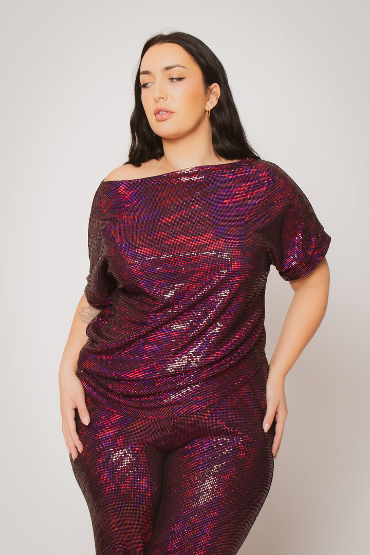 The Curve LA Jumpsuits and Rompers Plus Size Trance Knit Short Sleeve Top And Pant Set - Fuchsia