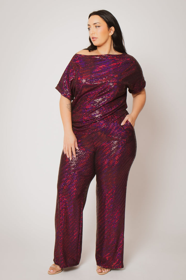 The Curve LA Jumpsuits and Rompers Plus Size Trance Knit Short Sleeve Top And Pant Set - Fuchsia