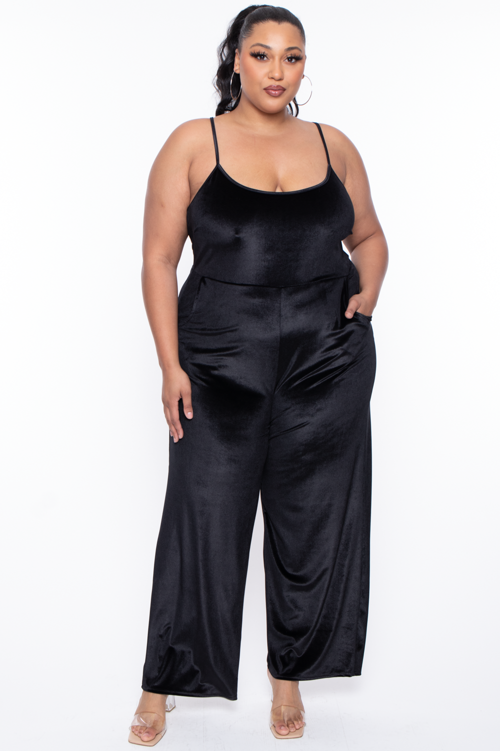 Curvy Sense Jumpsuits and Rompers 1X / Black Plus Size Veronica Velour Catsuit - Black