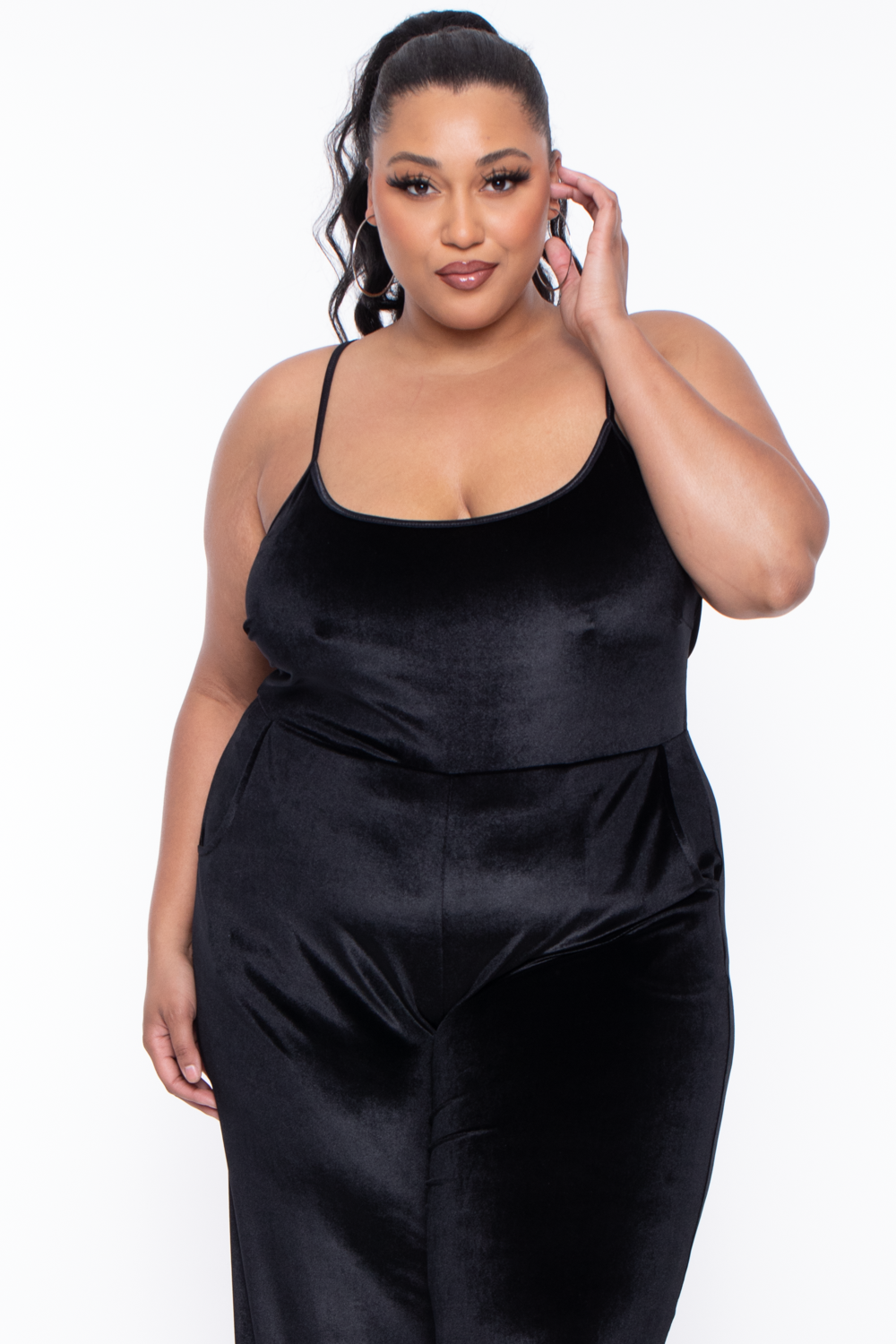 Curvy Sense Jumpsuits and Rompers Plus Size Veronica Velour Catsuit - Black