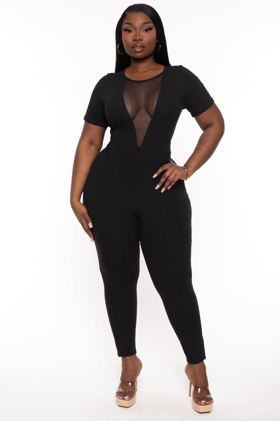 Curvy Sense Jumpsuits and Rompers Plus Size Vicki Mesh  Jumpsuit - Black