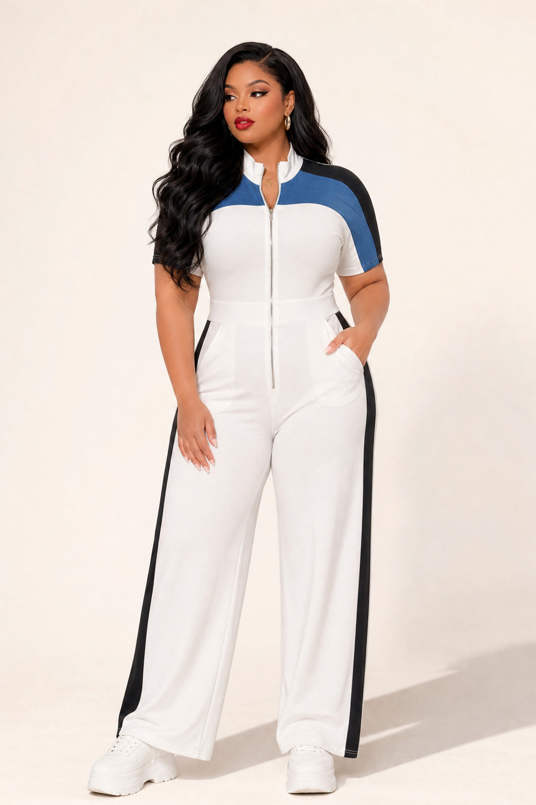 Blue Leopard Jumpsuits and Rompers Plus Size  Victory Lane Jumpsuit - White