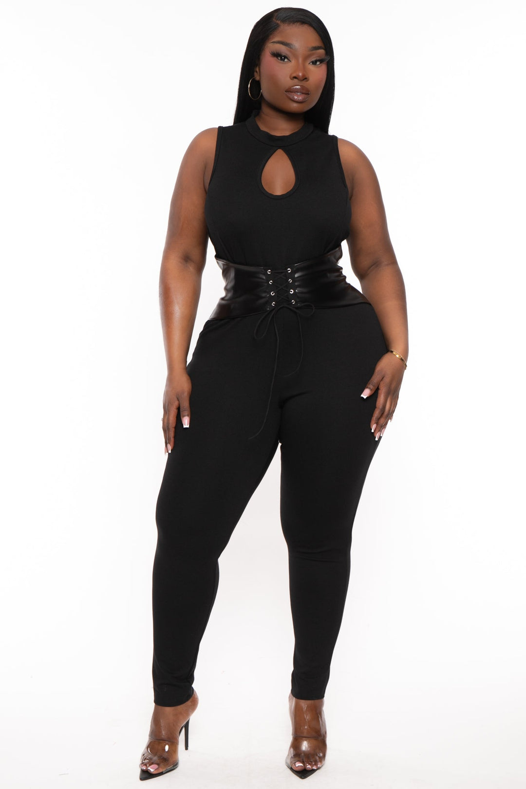 Women's Plus Size Waist Snatcher Jumpsuit - Black - Curvy Sense