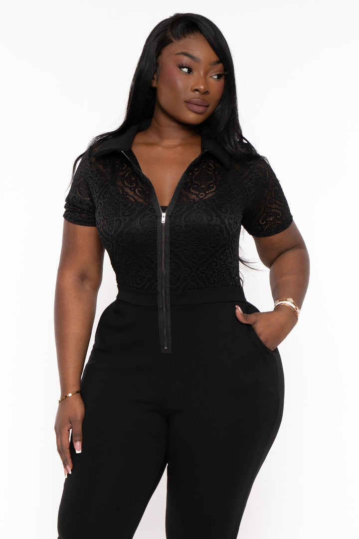 Curvy Sense Jumpsuits and Rompers Plus Size Winona  Lace Top Zipper Jumpsuit -Black