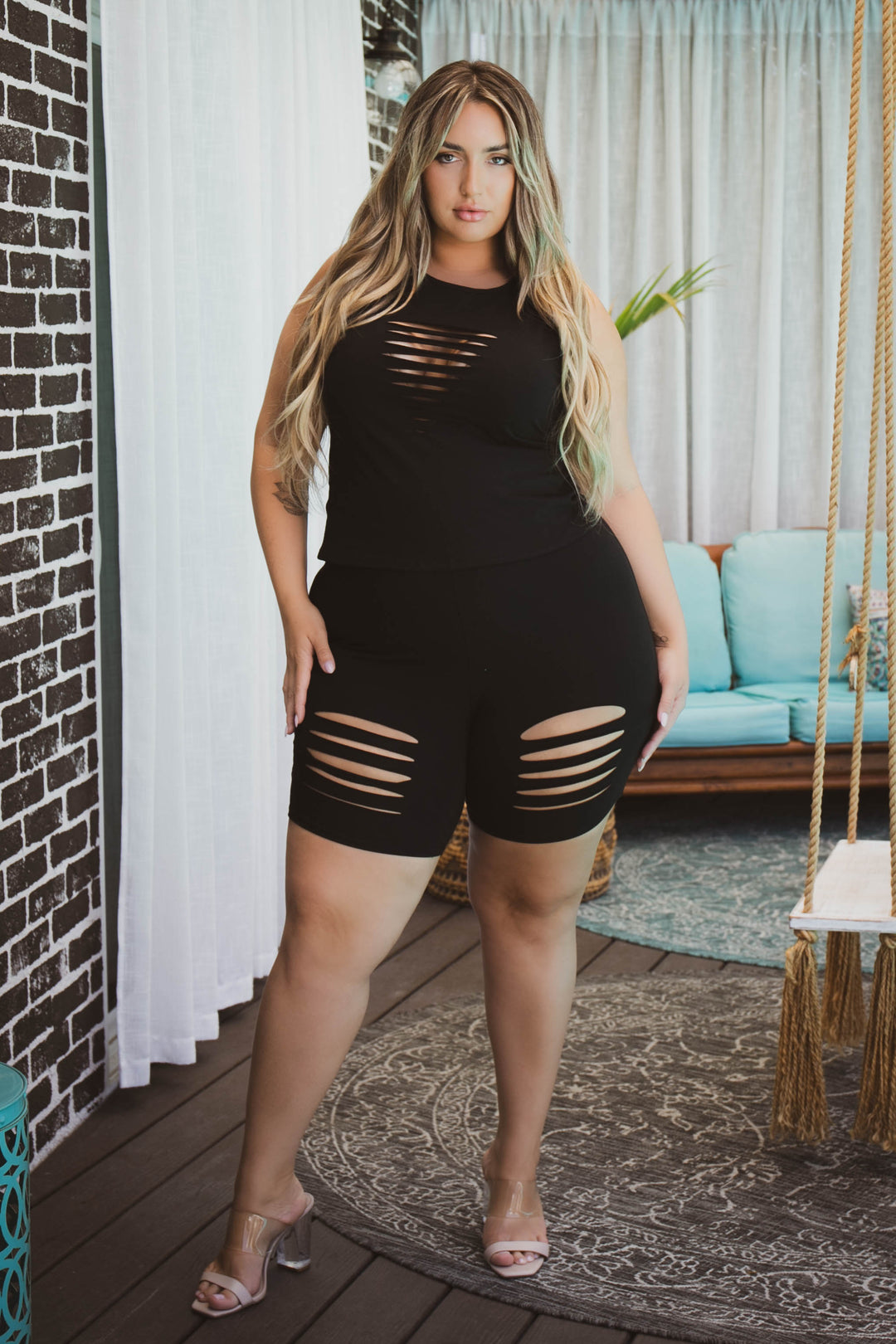 Curvy Sense Jumpsuits and Rompers Plus Size Yola Destroyed  Matching Set -Black