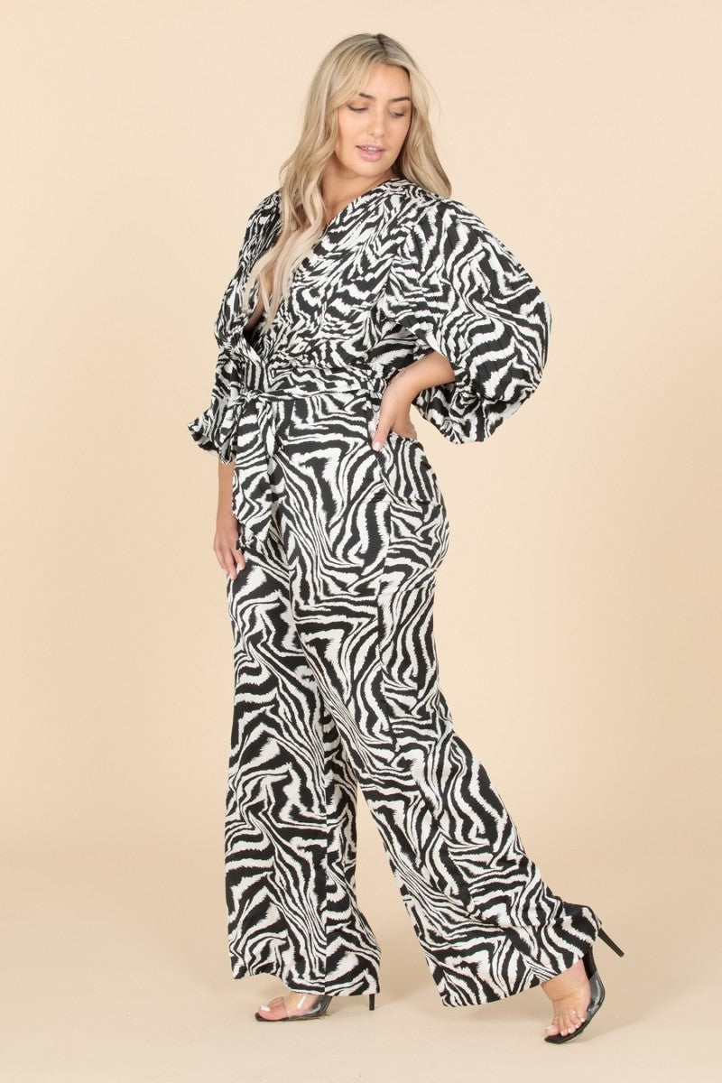 THE SANG COMPANY Jumpsuits and Rompers Plus Size Zebra Print Long Sleeve Jumpsuit- Black