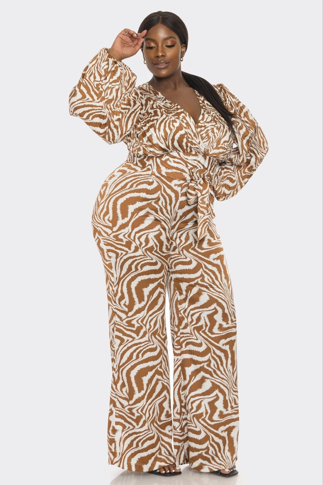 THE SANG COMPANY Jumpsuits and Rompers Plus Size Zebra Print Long Sleeve Jumpsuit- Brown