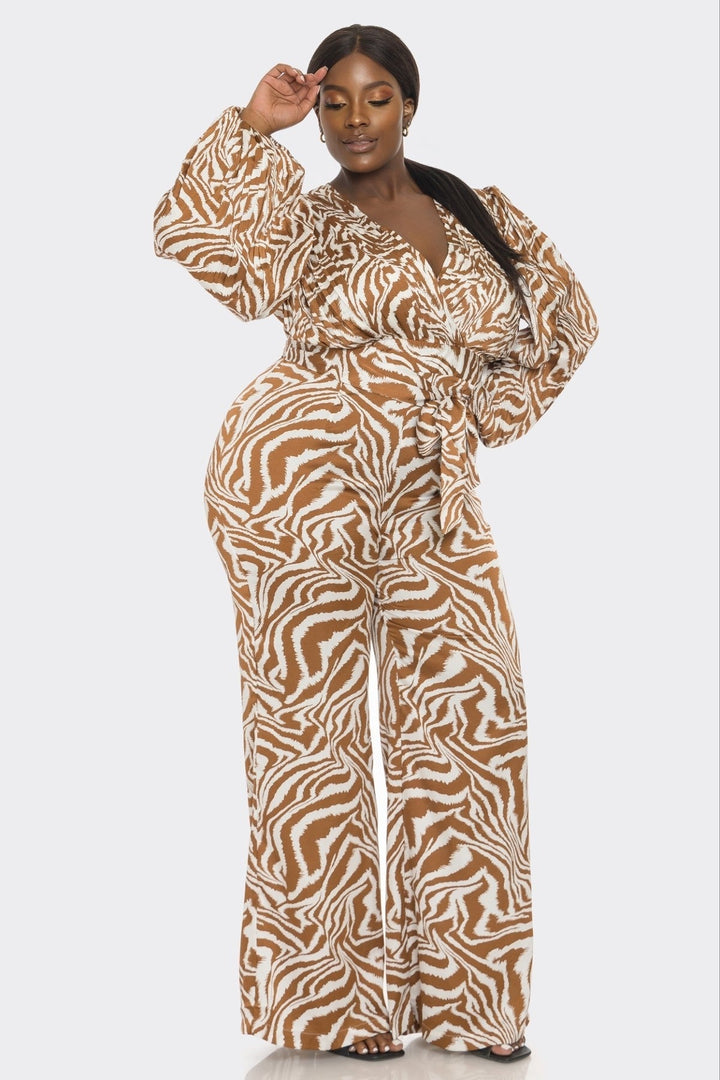 THE SANG COMPANY Jumpsuits and Rompers Plus Size Zebra Print Long Sleeve Jumpsuit- Brown