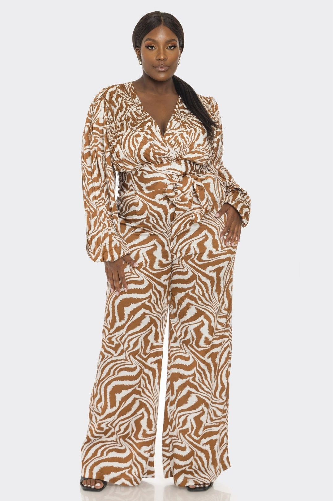 THE SANG COMPANY Jumpsuits and Rompers Plus Size Zebra Print Long Sleeve Jumpsuit- Brown