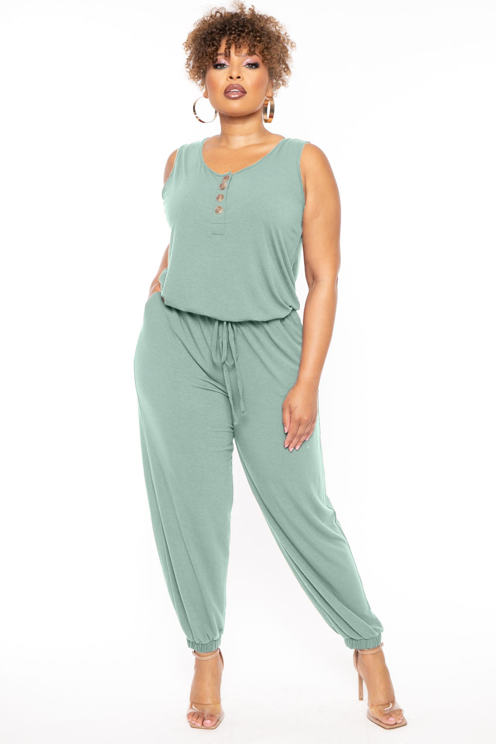 Zenana Jumpsuits and Rompers Plus Size Zelda Button Up Lounge Jumpsuit - Green