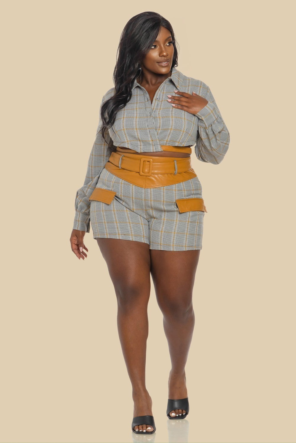 The Sang Company Matching Sets Plus Size A+ Plaid Button Shirt and Short Set-Camel