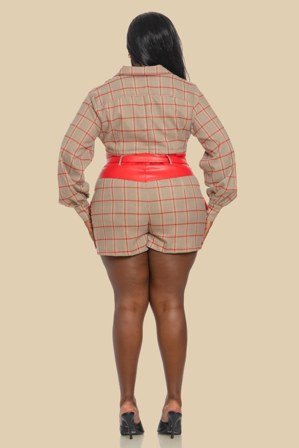 The Sang Company Matching Sets Plus Size A+ Plaid Button Shirt and Short Set-Red