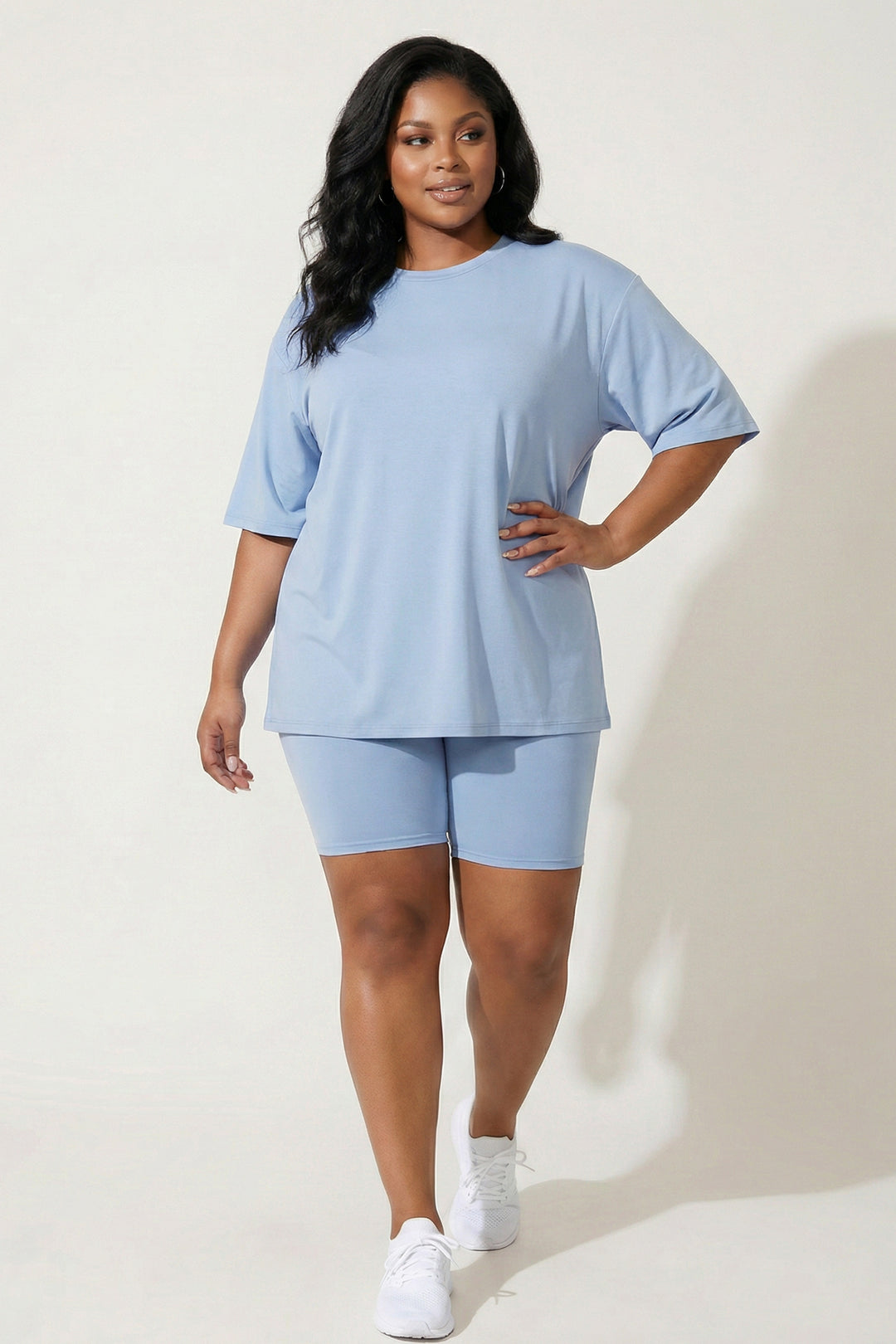 Capella Matching Sets Plus Size Alex Tee And Biker Short Set -Lt. Blue