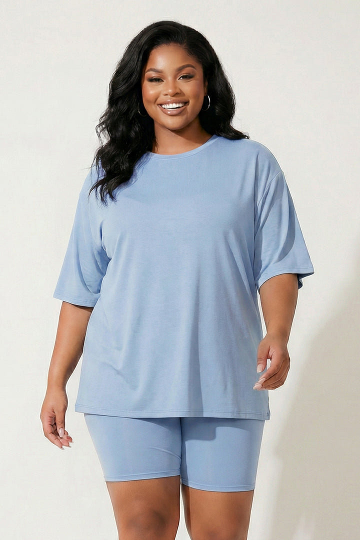 Capella Matching Sets Plus Size Alex Tee And Biker Short Set -Lt. Blue